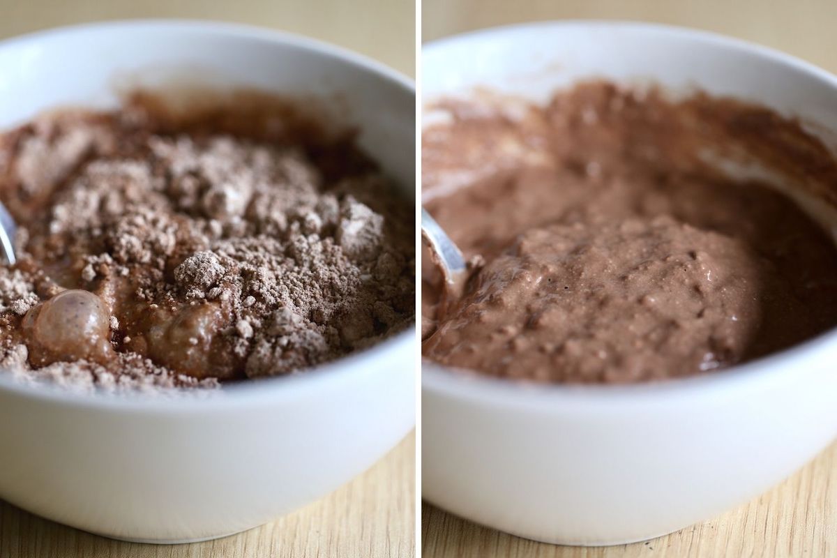 chocolate protein blended baked protein oatmeal batter before and after stirring