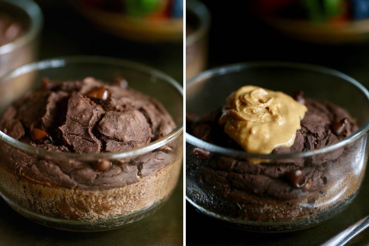 chocolate blended baked protein oats topped with natural peanut butter