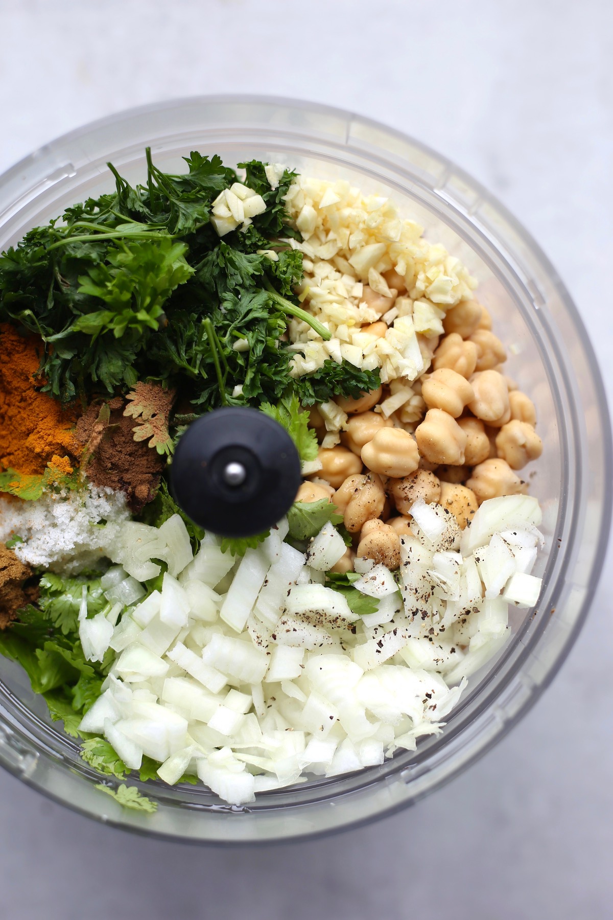 Mediterranean ingredients in a food processor