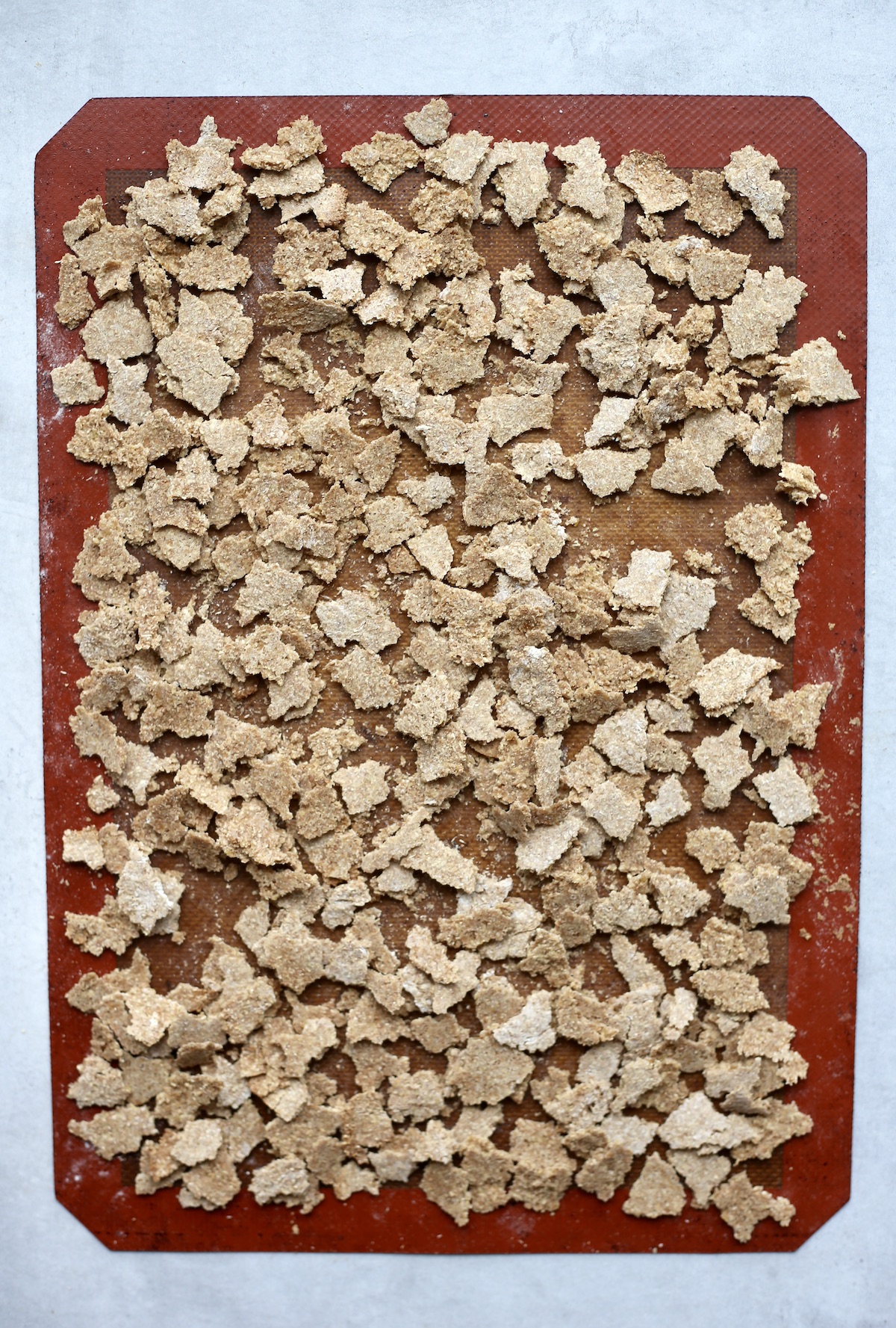 Flakes of homemade bran cereal cooling on a silicone baking mat with a red border. 