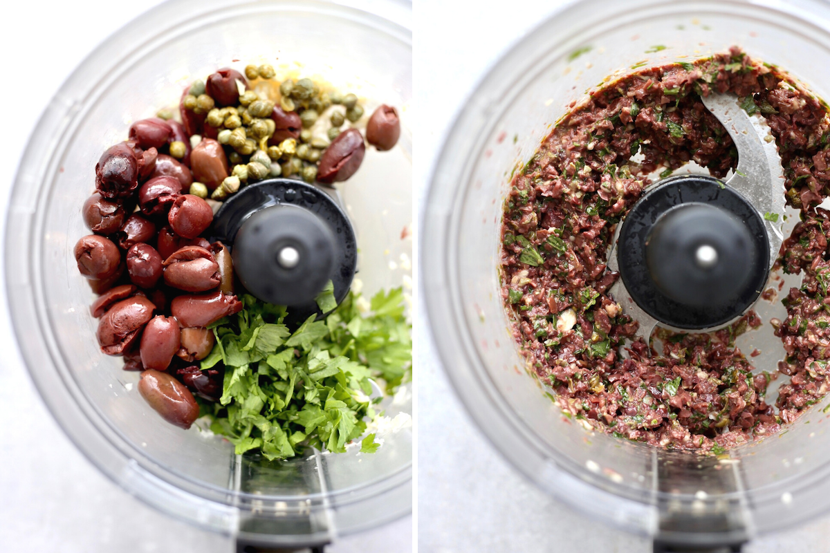 The ingredients for kalamata tapenade before and after processing