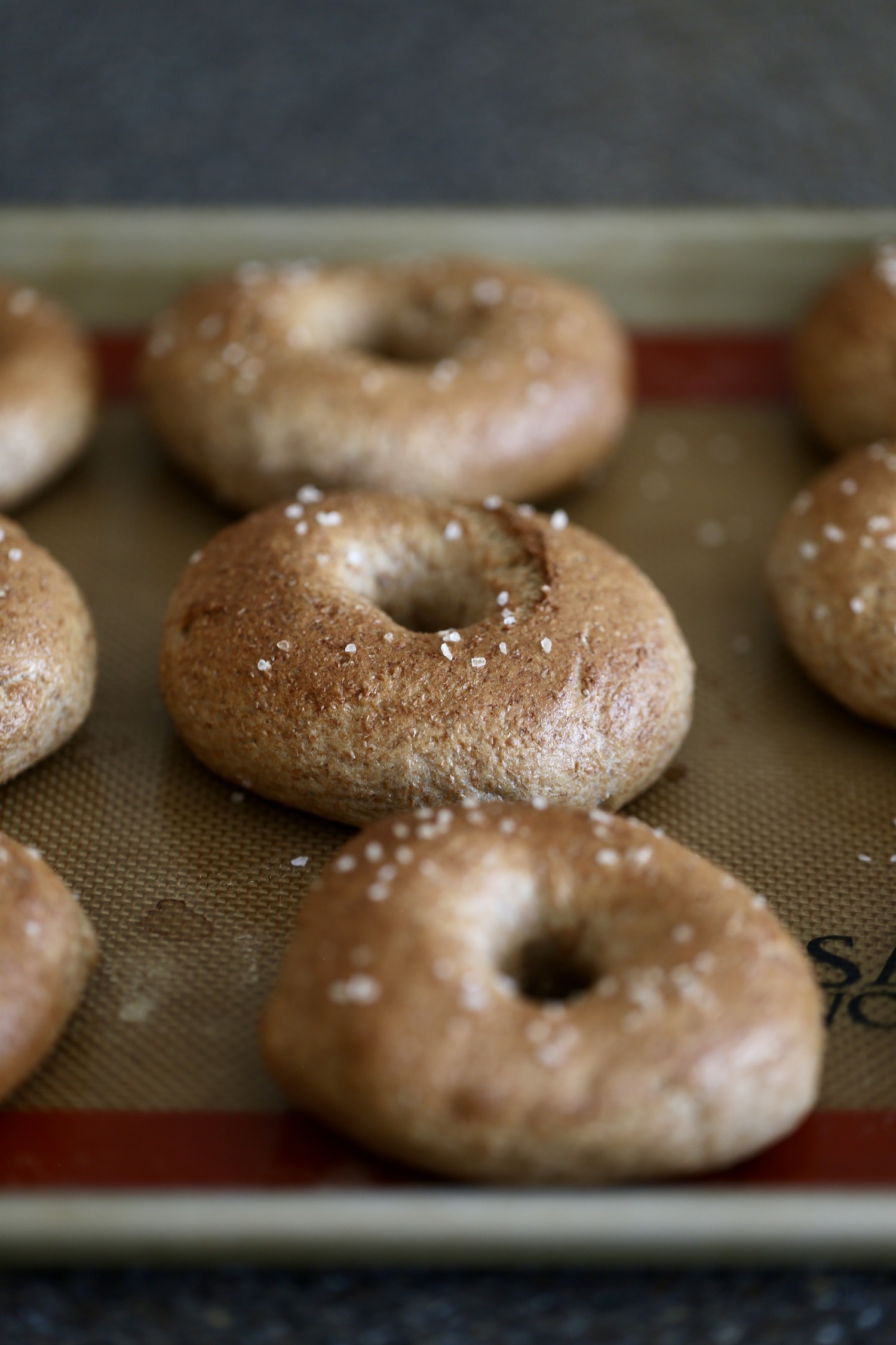 12 golden brown bagels sprinkled with salt cooking on a silicone-lined baking sheet. 