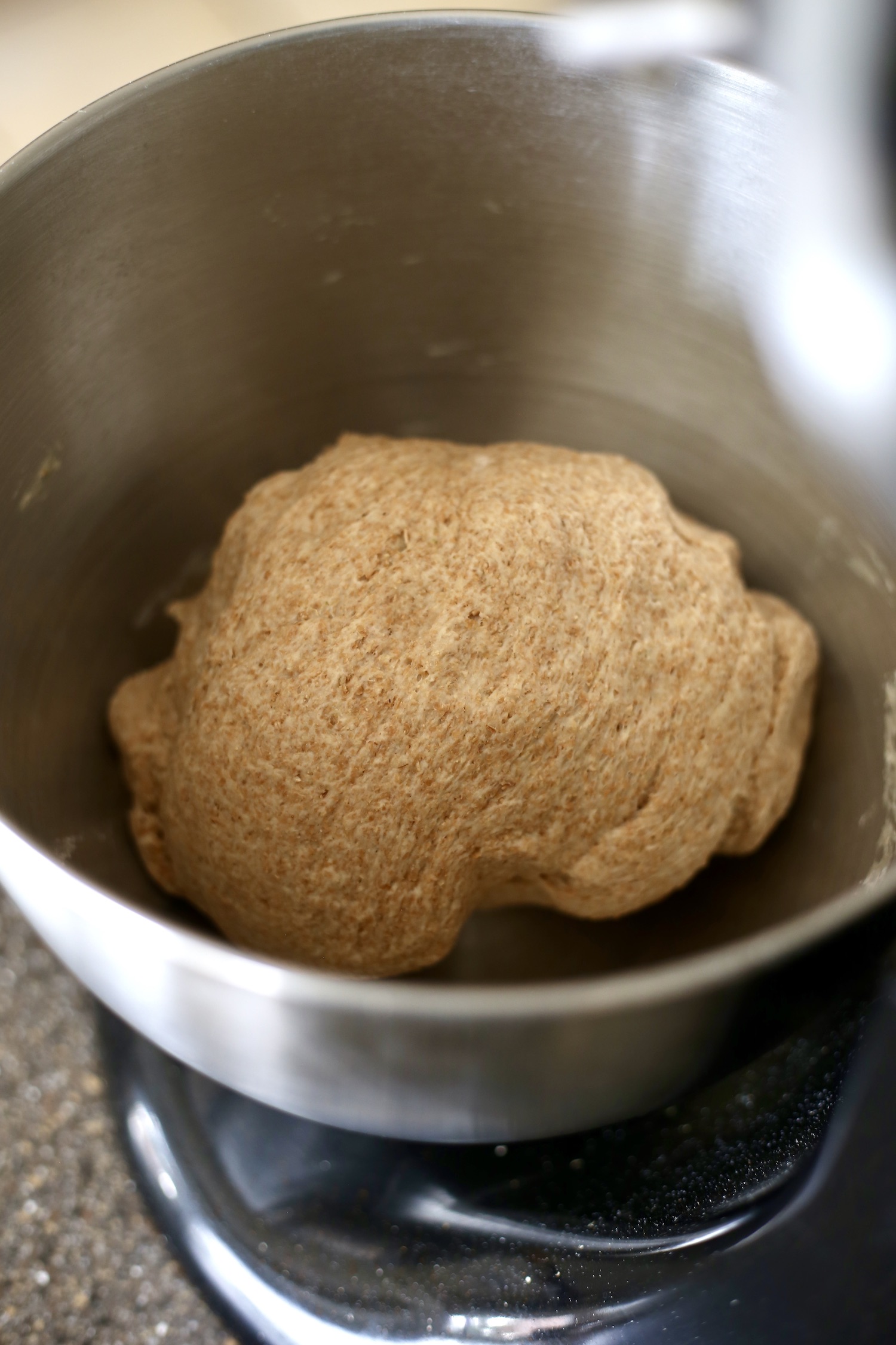 A smooth ball of whole wheat bagel dough in the bottom of a silver stand mixer bowl.