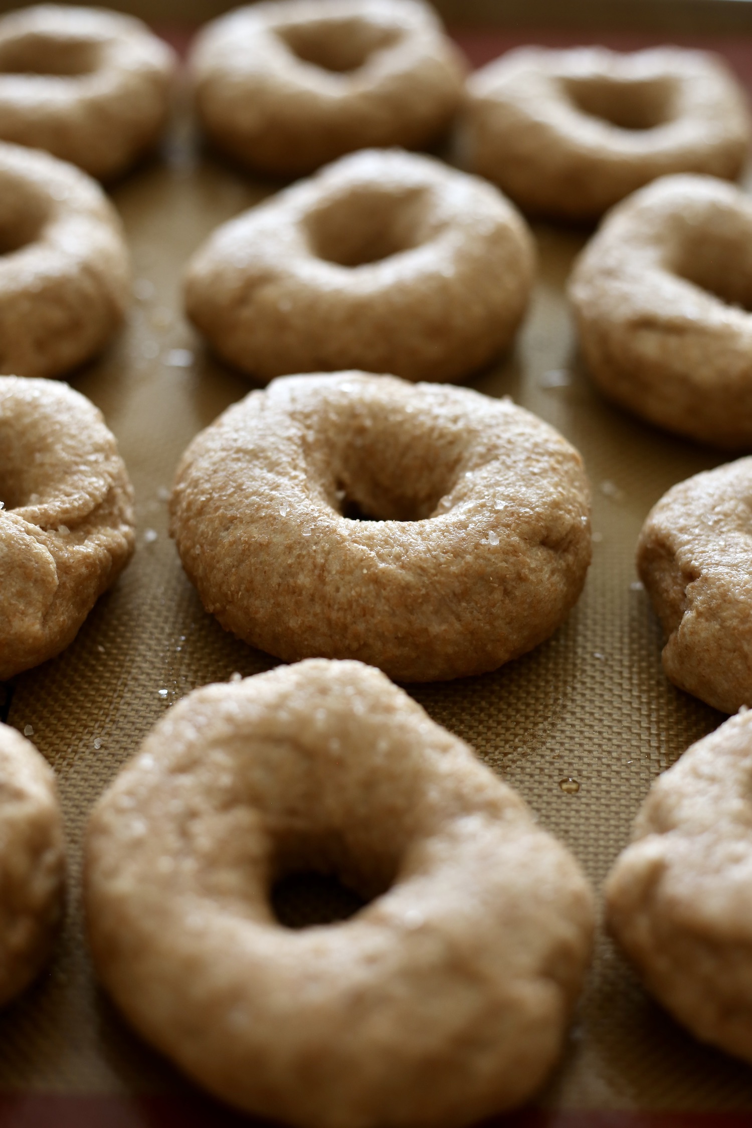 A 45 degree angle of 12 bagels after they have been boiled before they baked in the oven. 