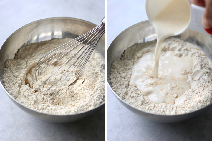 homemade vegan buttermilk being poured into a bowl of flour to make irish soda bread