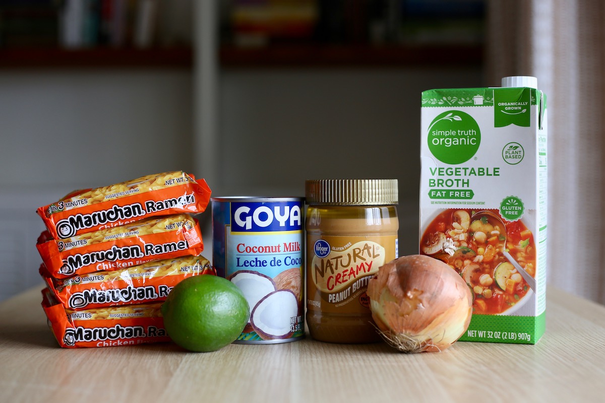 the ingredients you'll need to make 20 minutes vegan curry ramen on a table