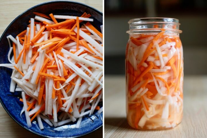 making pickled daikon and carrots for vegan banh mi sandwiches