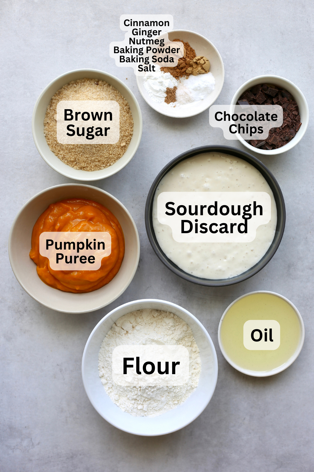 All of the ingredients for pumpkin sourdough bread measured out into bowls with labels over them.