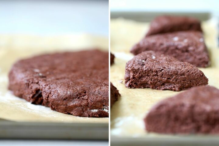 unbaked chocolate scone dough before and after cutting it into wedges