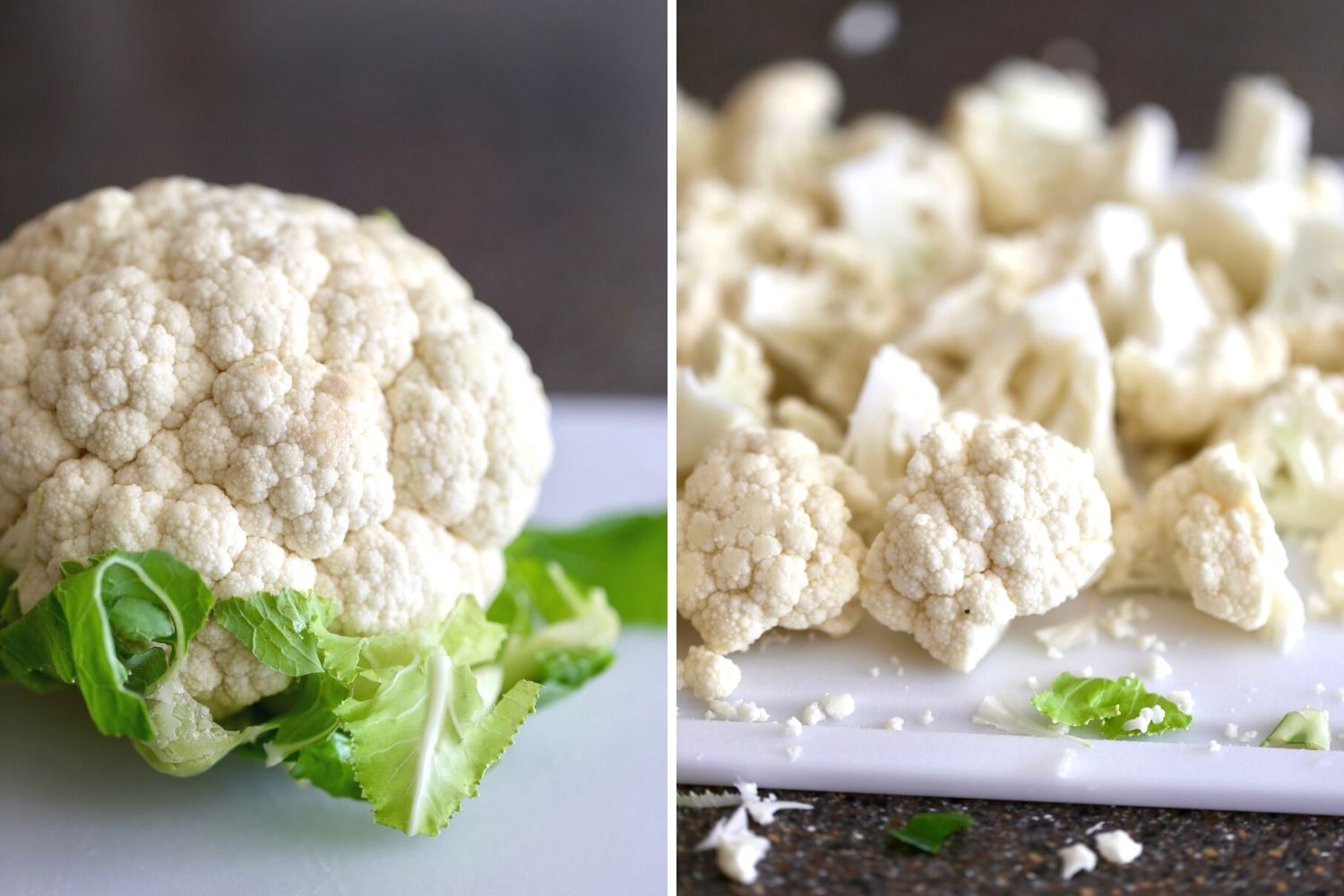 a head of cauliflower before and after cutting into "wings"