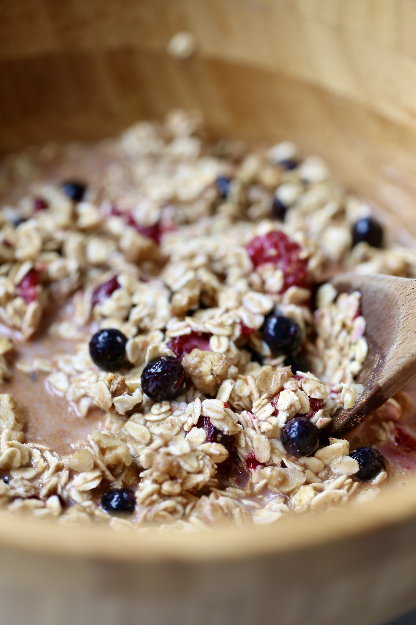 berry baked oatmeal batter in a large mixing bowl