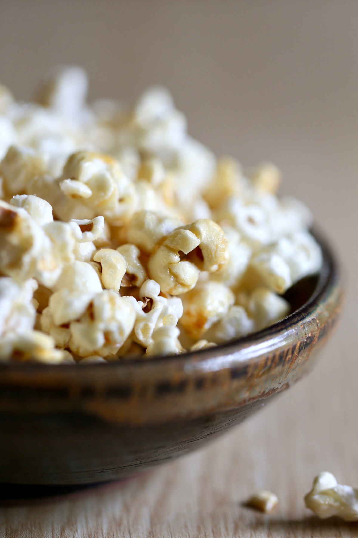 vegan kettle corn spilling out of a bowl