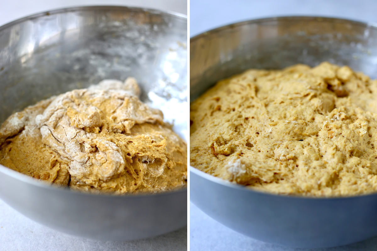 pumpkin cinnamon roll dough before and after the first rise