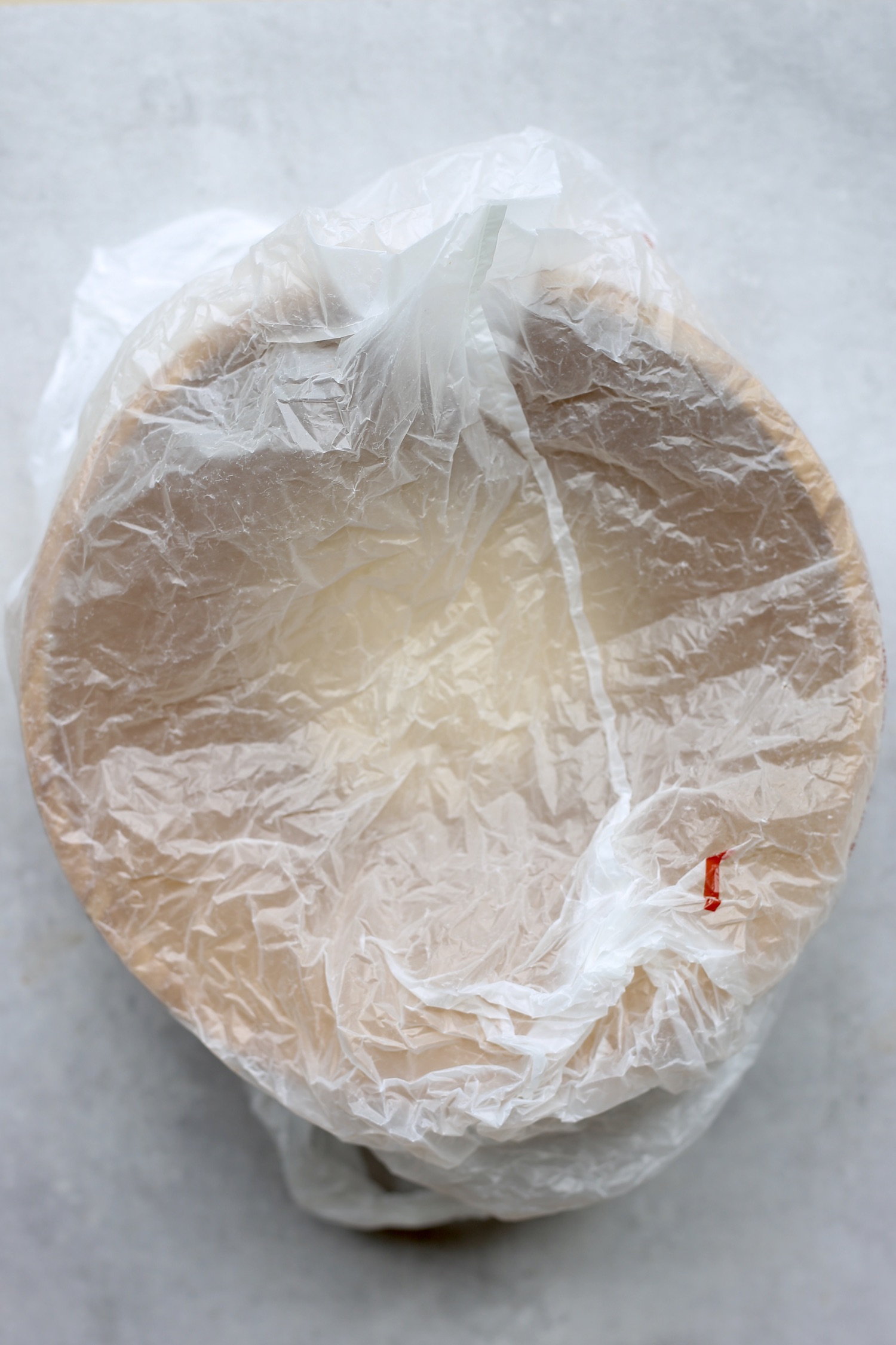 A plastic bag covering vegan sourdough sandwich bread. 