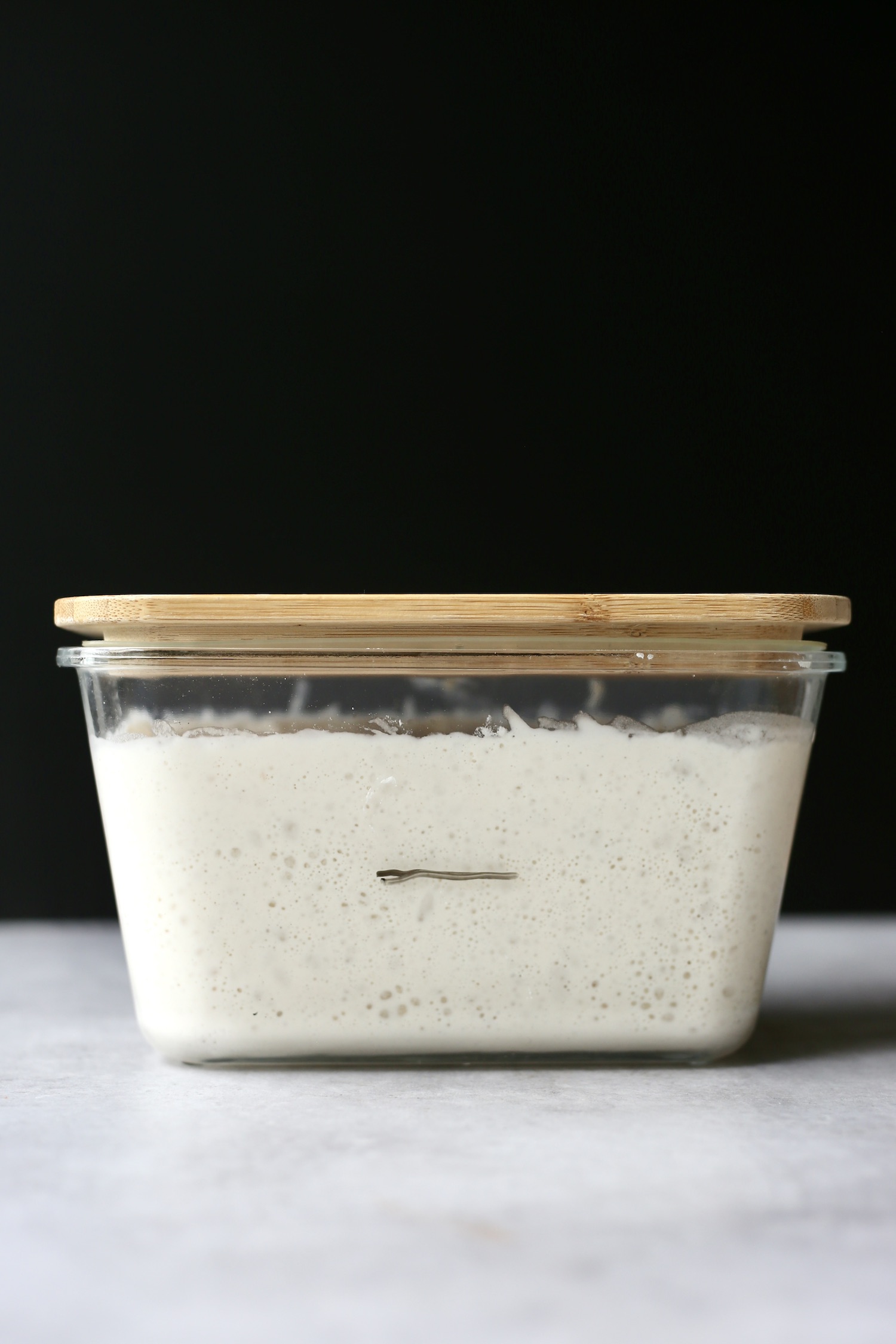 A large rectangular glass container filled with bubbly, active sourdough starter. 