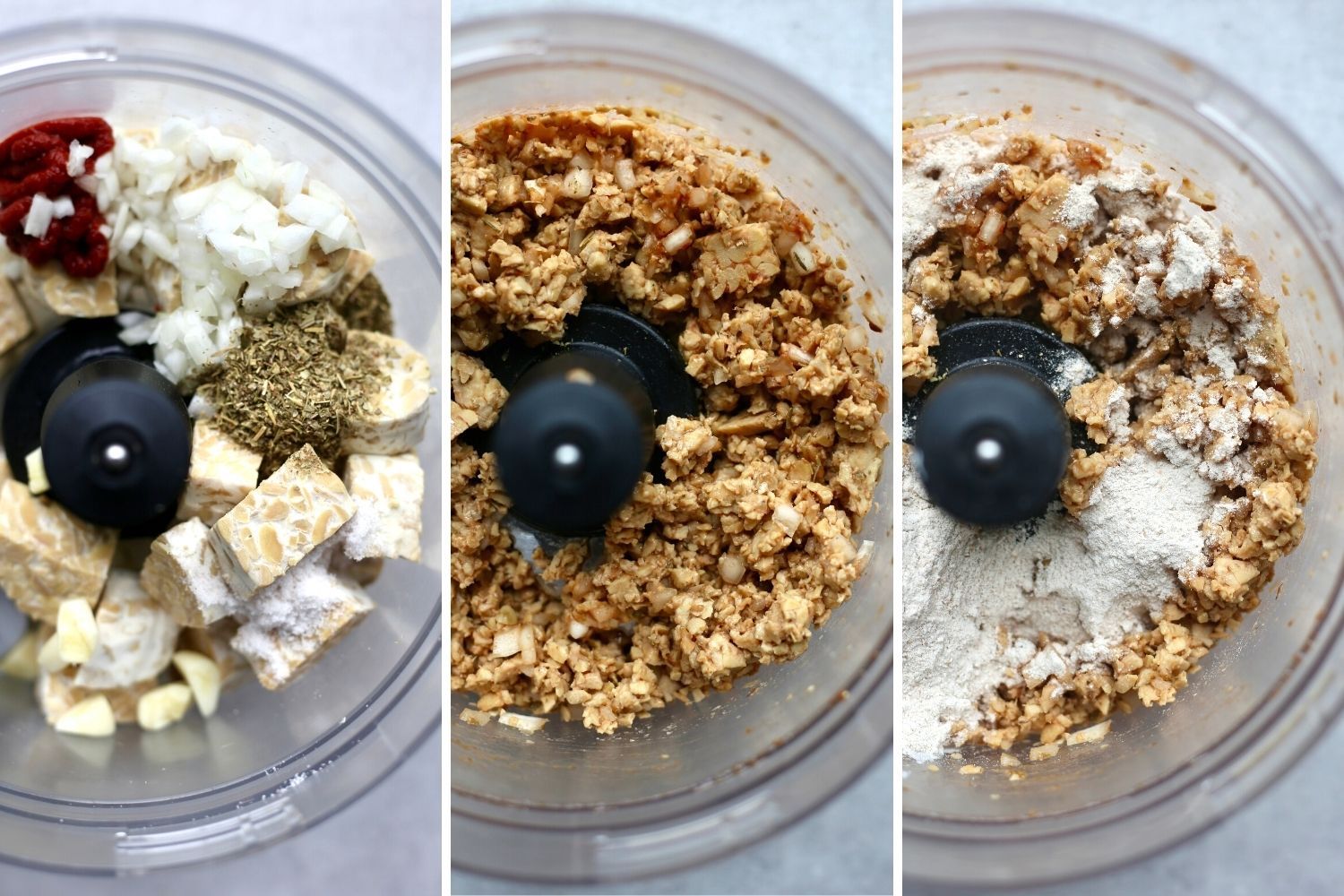 the ingredients for vegan tempeh meatballs being processed in a food processor