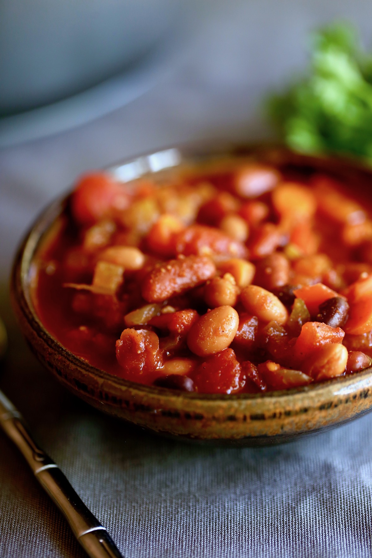 vegan three bean chili in a bowl without garnishes