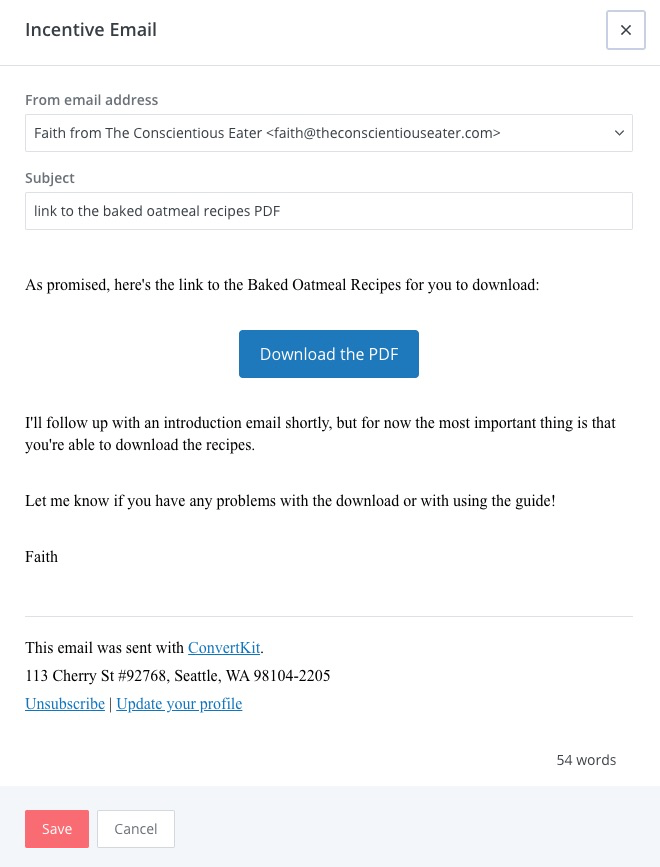 ConvertKit Incentive Email settings